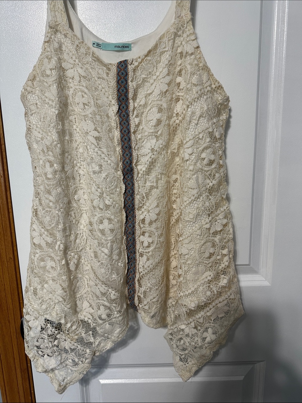 Maurices Cream Lace Tank with Embroidered Center Trim